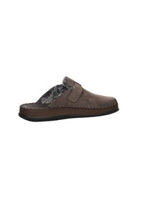 Hnědé velurové nazouvací pantofle s umělou kožešinou uvnitř, šitými detaily a texturovanou gumovou podrážkou. Nastavitelný pásek pro bezpečné uchycení.