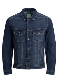 Dark blue denim jacket featuring a collared neckline, button front, two chest pockets, and side pockets with a classic, structured design.