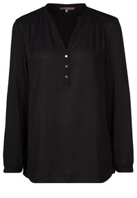 Czarna bluzka z długim rękawem, wykonana z lekkiego materiału, z dekoltem w kształcie litery V i trzema metalicznymi guzikami przy rozporku, o luźnym kroju.