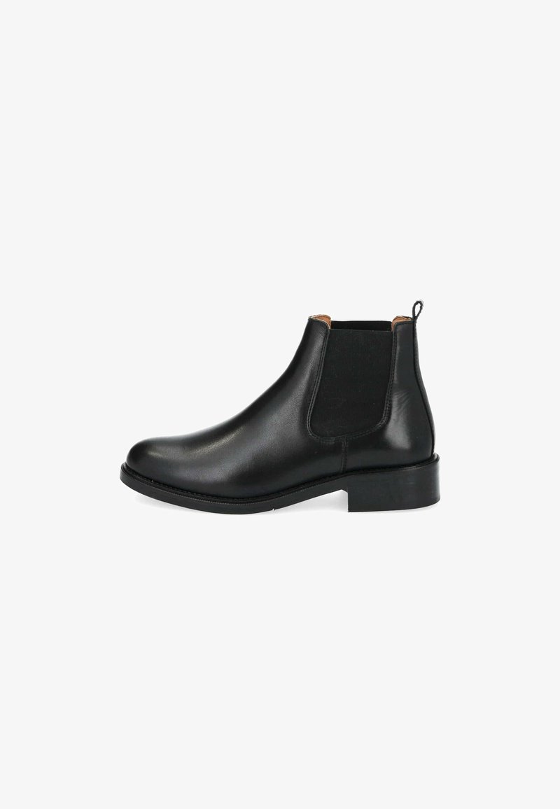 Bottes Chelsea en cuir noir avec des panneaux latéraux élastiques, bout rond, petit talon et languette à l'arrière. Texture lisse et design épuré.