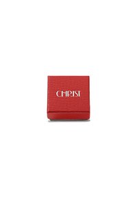 Rote, strukturierte Schmuckschatulle mit weißem Text "CHRIST" auf dem Deckel, zentriert auf einem weißen Hintergrund.