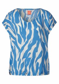 Top corto a maniche corte blu e bianco con scollatura a V, caratterizzato da un audace motivo astratto a strisce zebrate e una vestibilità rilassata.