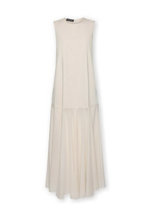 Bezruké béžové maxi šaty s přiléhavým živůtkem a splývavou, nabíranou sukní sahající až na zem.