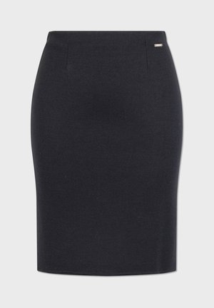 Knee-langt sort blyantskørt lavet af tekstureret stof, med en subtil sideløsning og frontpanel sømme for en skræddersyet pasform.