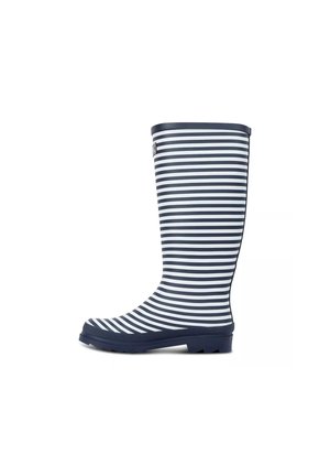 Botte de pluie en caoutchouc haute avec des rayures horizontales bleu marine et blanches et une semelle bleu marine foncé, vue de profil.