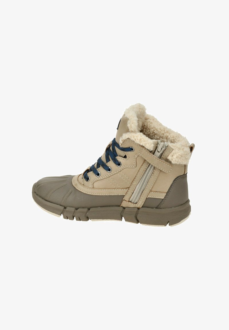 Beige Knöchelstiefel mit einem weichen Fellfutter, blauen Schnürsenkeln, seitlichem Reißverschluss, strukturiertem Gummisohle und runder Zehenform.