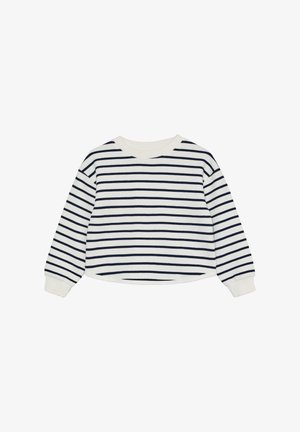 Weißes Langarmshirt mit schwarzen horizontalen Streifen, Rundhalsausschnitt und gerippten Bündchen, flach auf einem weißen Hintergrund ausgelegt.