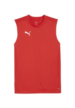Rode mouwloze sportshirt gemaakt van ademend materiaal met een gestructureerd patroon; heeft een klein wit Puma-logo op de borst.