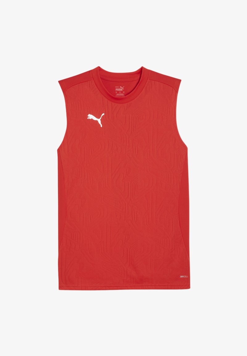 Canotta atletica rossa senza maniche realizzata in tessuto traspirante con motivo testurizzato; presenta un piccolo logo Puma bianco sul petto.