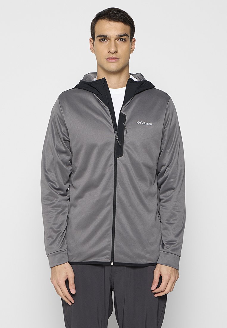 Leichte Herrenjacke aus glattem grauem Stoff mit schwarzer Kapuze und Reißverschluss. Verfügt über ein dezentes Logo auf der linken Brust und taillierte Ärmelbündchen.
