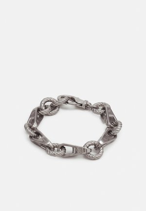 Silver-toned bracelet with twisted rope links alternating with engraved metal connectors, secured by a lobster clasp.