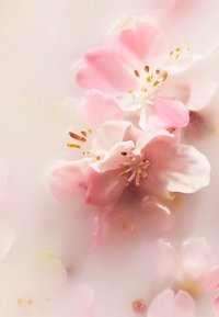 Delicate orchidee di ciliegio rosa con accenti bianchi fluttuano su uno sfondo morbido e pallido, mostrando dettagli intricati dei petali e stami dorati.