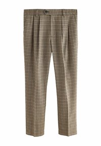 PRUUNISTE ruuduliste pükste pleedid, nööbiga kinnitus, küljetaskud ja sile tekstuur, mis sisaldab tumedate ja heledate toonide ruudustikku.