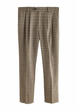 Braune Karohosen mit Falten, Knopfverschluss, Seitentaschen und glatter Textur, die ein Gittermuster aus dunklen und hellen Schattierungen aufweisen.