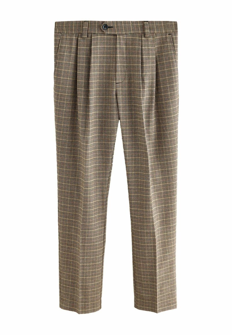 PRUUNISTE ruuduliste pükste pleedid, nööbiga kinnitus, küljetaskud ja sile tekstuur, mis sisaldab tumedate ja heledate toonide ruudustikku.