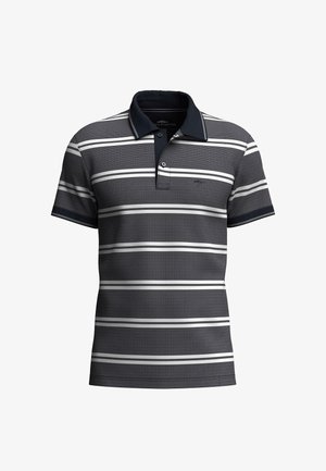 Polo cu mânecă scurtă, de culoare bleumarin, cu dungi orizontale albe. Dispune de un guler clasic și o închidere cu trei butoane, dintr-un material texturat.