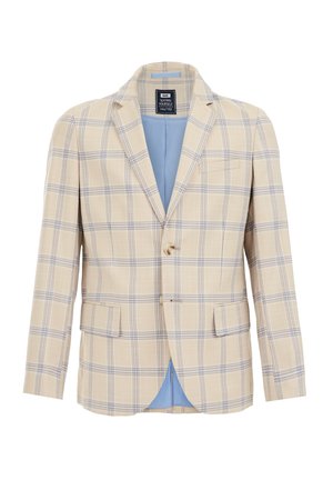 Blazer à carreaux beige avec des accents bleus. Présente un revers cranté, une fermeture à un bouton et deux poches avant. Doublé en bleu clair.