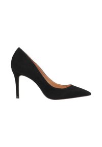 Juodas zomšos aukštakulnis batelis su smailiu Pirštu, elegantiškas dizainas ir stiletas kulnas. Turi sklandų vidinį pamušalą.