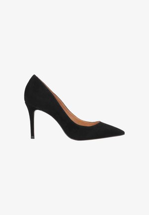 Must musta kõrge kontsaga kingad terava varbaga, stiilne disain ja stilettokonts. Omab siledat sisepinda.