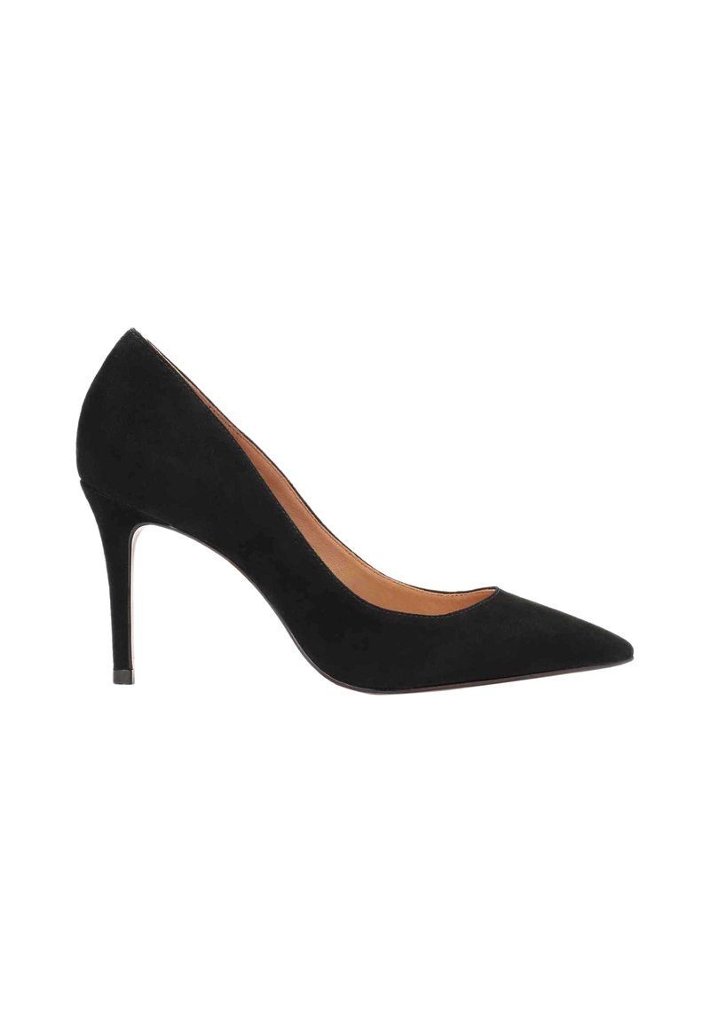 Juodas zomšos aukštakulnis batelis su smailiu Pirštu, elegantiškas dizainas ir stiletas kulnas. Turi sklandų vidinį pamušalą.