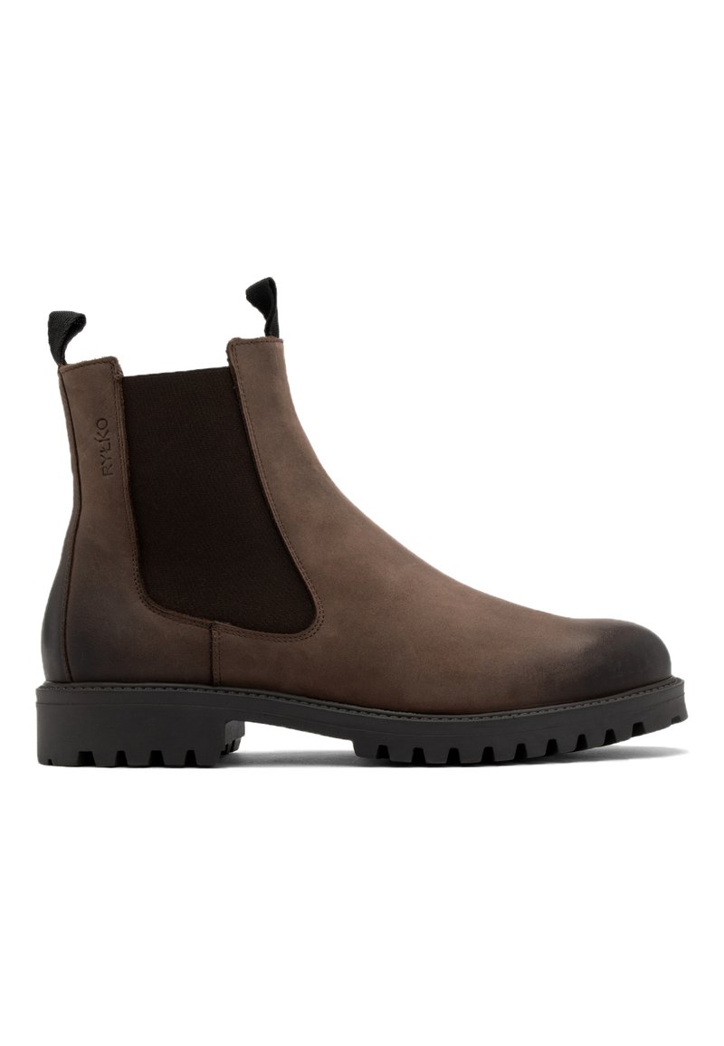 Brązowe skórzane botki Chelsea z elastycznymi panelami bocznymi, teksturowanym wykończeniem, wzmocnionym czubkiem i solidną podeszwą zapewniającą przyczepność.