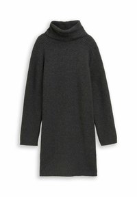 Robe turtleneck en tricot gris foncé avec des manches longues côtelées et une coupe décontractée. Texture douce et design légèrement surdimensionné.