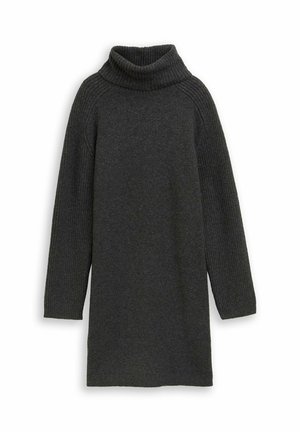 Robe turtleneck en tricot gris foncé avec des manches longues côtelées et une coupe décontractée. Texture douce et design légèrement surdimensionné.