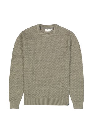Pull tricoté gris-vert clair avec un motif texturé, col rond à côtes et poignets, doté d'une petite étiquette sur le côté.