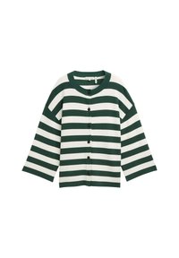 Grün-weiß gestreifter Cardigan mit rundem Ausschnitt, langen Ärmeln und schwarzen Knöpfen vorne. Weicher, strukturierter Stoff.
