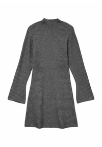 Robe en tricot côtelé gris avec un col haut et des manches longues évasées. Le tissu présente une texture homogène et une silhouette épurée.