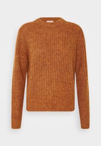 Rostfärgad stickad tröja med rund halsringning, långa ärmar och ett texturerat mönster. Rak skärning med en något lös passform.