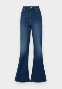 Υψηλής μέσης μπλε τζιν παντελόνι σε φαρδιά γραμμή με λείο υφάνισμα, ελαφρώς ξεθωριασμένο χρώμα και ασημένιο κούμπωμα μπροστά.