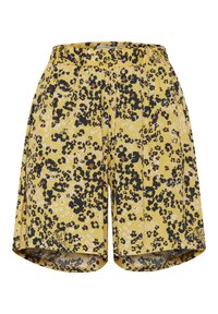 Keltaiset shortsit, joissa on kukkakuvio mustassa, ruskeassa ja valkoisessa. Niissä on joustava vyötärönauha ja rento istuvuus sivutaskuilla.