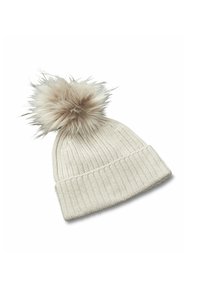 Knitted ivory beanie with a ribbed design and a faux fur pom-pom on top, featuring a rolled cuff and soft texture.