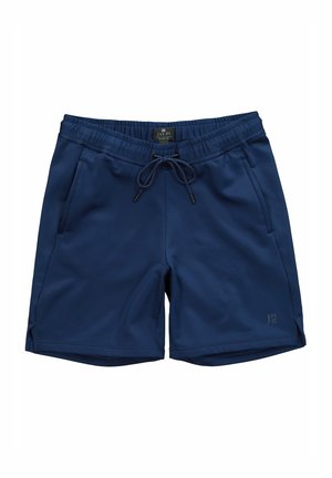 Granatowe szorty sportowe wykonane z gładkiego materiału, z elastycznym pasem, regulowanym sznurkiem oraz dwiema bocznymi kieszeniami.