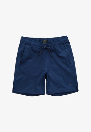 Marineblaue Sportshorts aus glattem Stoff, mit einem elastischen Bund, verstellbarem Kordelzug und zwei Seiten Taschen.