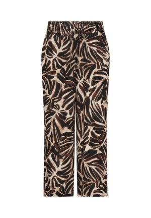 Black and brown leaf-patterned trousers, made of lightweight fabric, with an elastic waistband and drawstring closure. Straight-leg design.