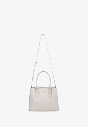 Borsa bianca testurizzata con doppi manici e una tracolla regolabile. Presenta dettagli in oro e una chiusura con zip.