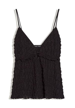 Top negru texturat, fără mâneci, cu bretele duble subțiri și un detaliu subtil cu volănașe sub bust.