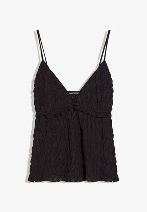 Fekete, texturált, ujjatlan top vékony dupla vállpántokkal és finom fodros részlettel a mell alatt.