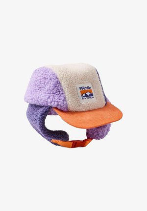 Kolorowa czapka z polaru w odcieniach fioletu, kremu i pomarańczy. Z daszkiem z sztruksu i regulowanymi nausznikami z ozdobnym paskiem.