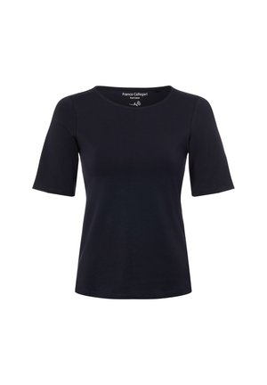 T-shirt di cotone blu navy con scollo a girocollo, maniche corte e una texture liscia ed elastica. Presenta un design minimalista senza motivi.