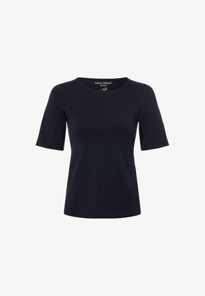 T-shirt di cotone blu navy con scollo a girocollo, maniche corte e una texture liscia ed elastica. Presenta un design minimalista senza motivi.
