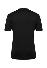 Sort kortærmet t-shirt med rund hals. Glat tekstur, ingen synlige mønstre eller pynt. Enkel og afslappet design.