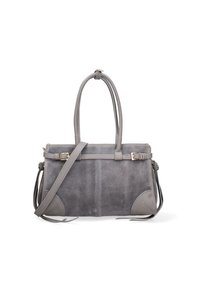 Borsa in suede grigia con dettagli in pelle liscia, manici superiori doppi, tracolla regolabile e dettagli in metallo dorato.
