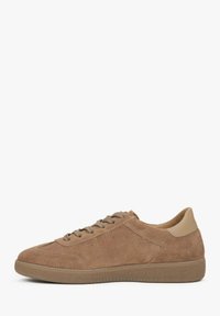 Brown suede sneaker with lace closure, textured sole, and contrasting tan heel accent. Features three vertical stripes on the side.