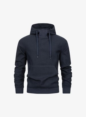 Sudadera azul oscuro hecha de tela texturizada, con capucha ajustable, bolsillo tipo canguro y puños y dobladillo de canalé.