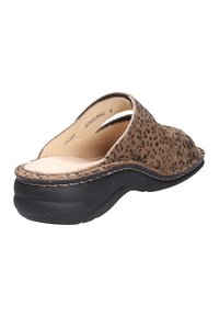 Brown leopard-print slip-on shoe with a soft fabric upper, rounded toe, and a contrasting black rubber sole. Lightweight design with visible stitching.