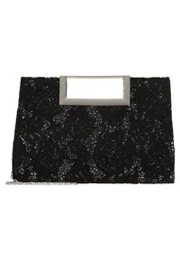 Musta clutch-laukku, jossa on kukkakuvioinen pitsitekstuuri ja koristeena paljetteja. Varustettu hopeisella suorakulmaisella kahvalla ja irrotettavalla ketjuhihnalla.