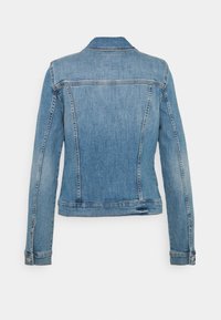 Jeansjacka i ljusblått med långa ärmar, krage och bakstycken. Har en kortad design och knapppynt på ärmsluten.